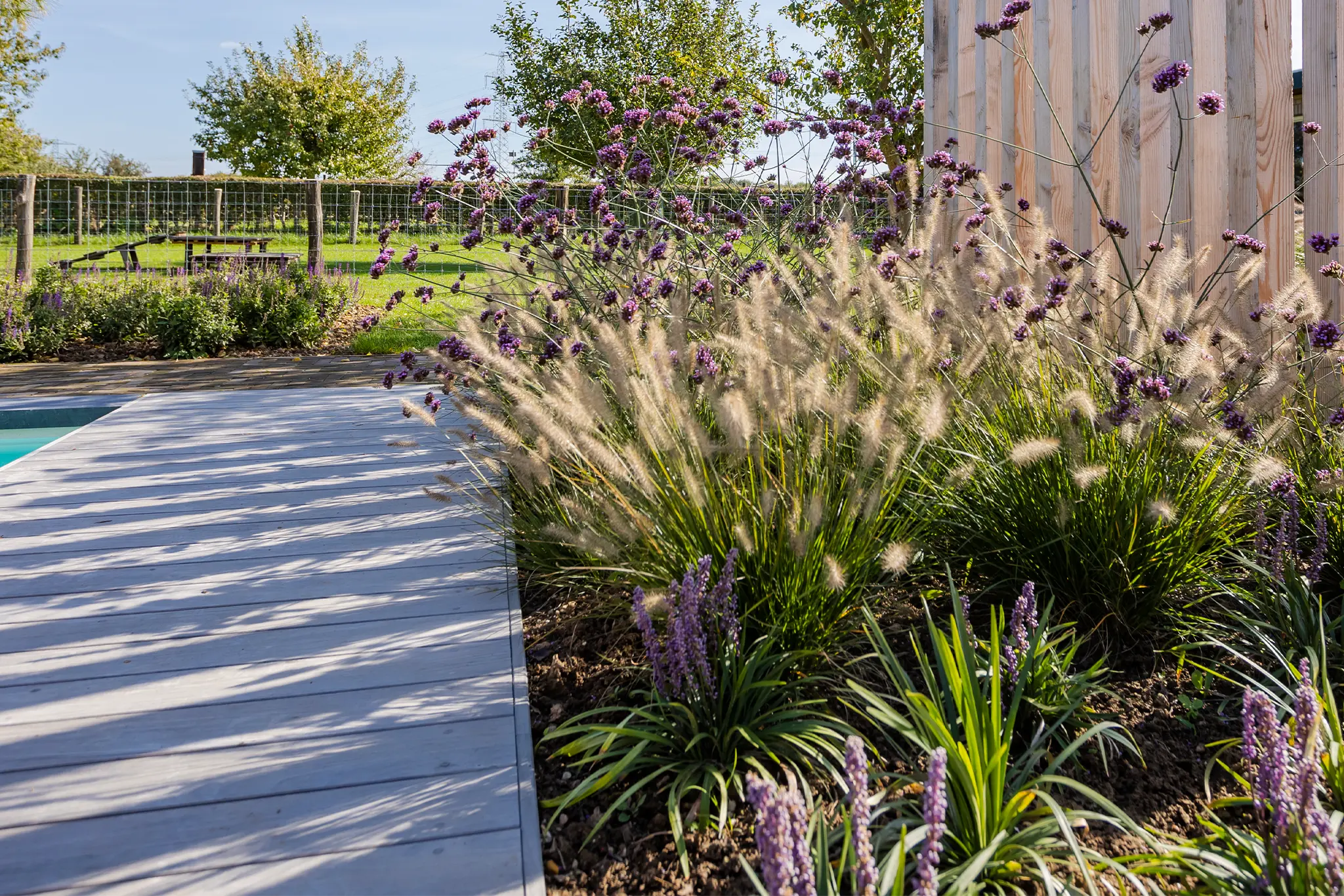 Tuinontwerp presentatie met materialen en plantenselectie voor een moderne tuin.
