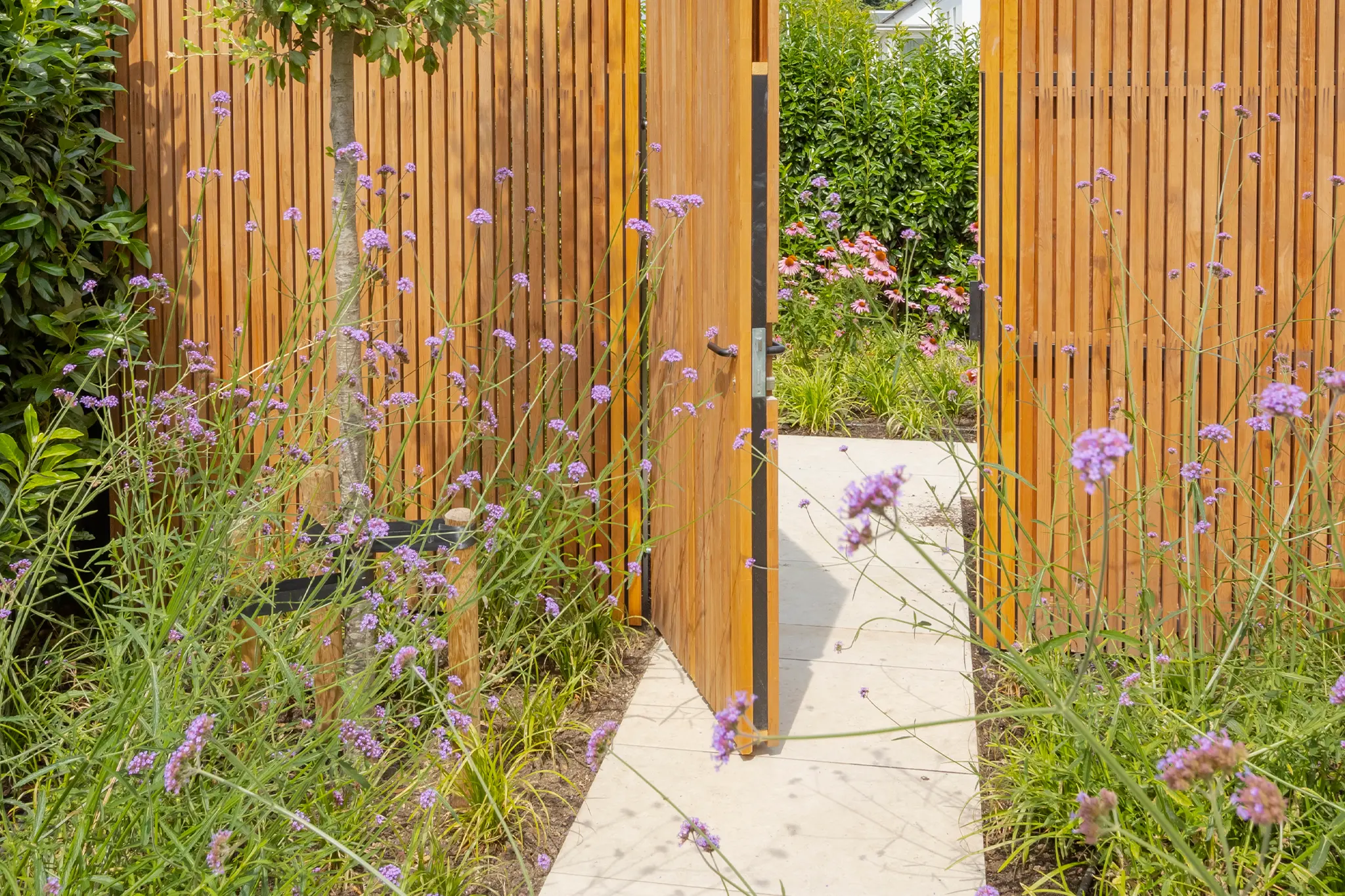 Artistieke weergave van een luxe tuinontwerp met verschillende functionaliteiten.
